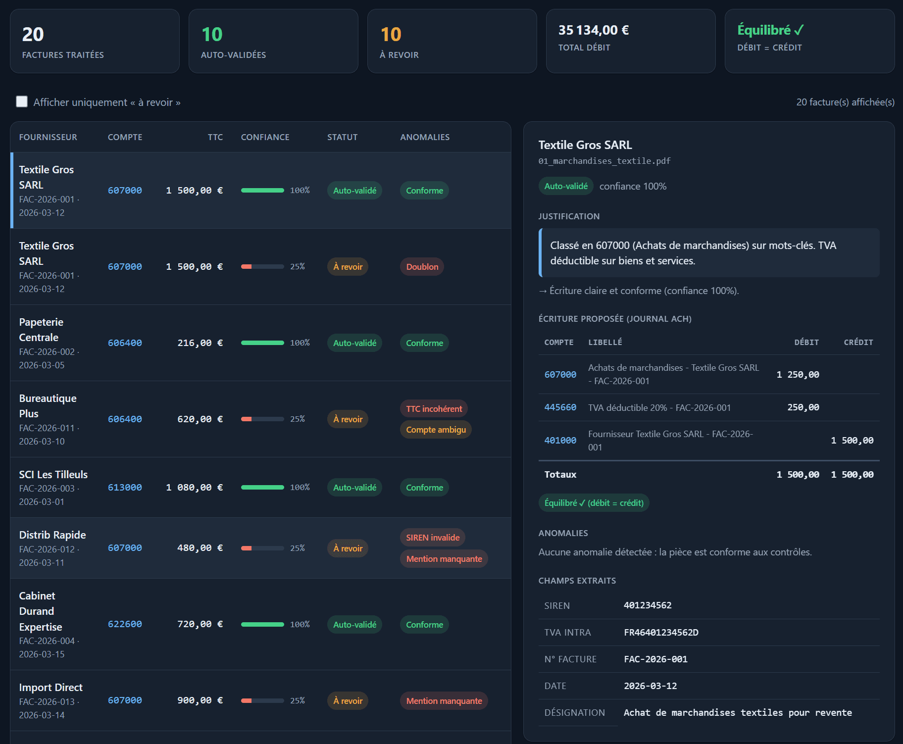 Dashboard de l’agent : 20 factures traitées, 10 auto-validées et 10 à revoir. À gauche, la table alterne les écritures sûres — 100 % de confiance, conformes — et celles à revoir, à 25 %, signalées « Doublon », « TTC incohérent » ou « SIREN invalide ». À droite, le détail de l’écriture sélectionnée : justification en clair, écriture comptable équilibrée au débit et au crédit, et anomalie bloquante détaillée.