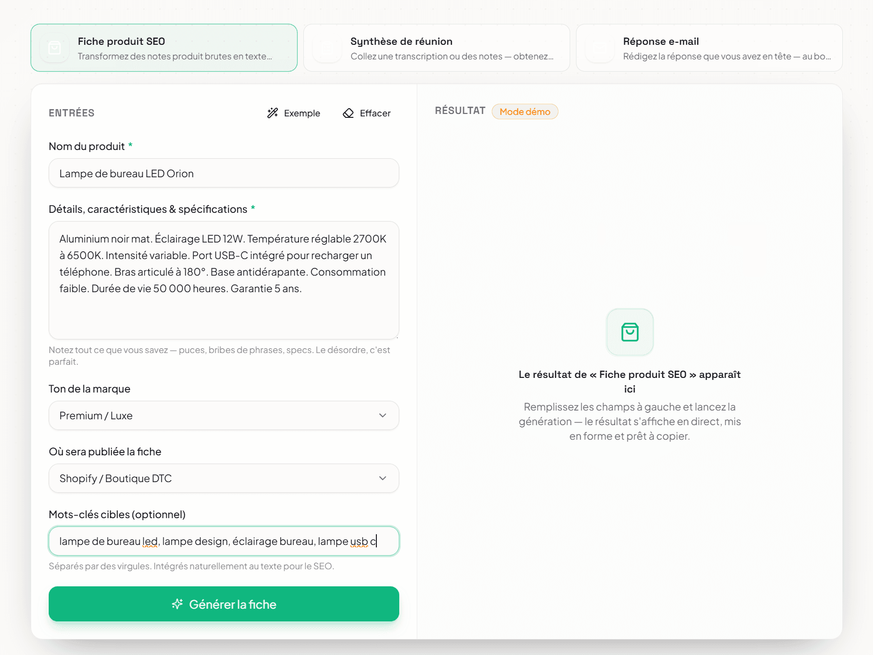 Formulaire de fiche produit renseigné : nom du produit, spécifications en vrac, ton « Premium / Luxe », plateforme Shopify et mots-clés cibles. Le panneau de résultat à droite est encore vide.
